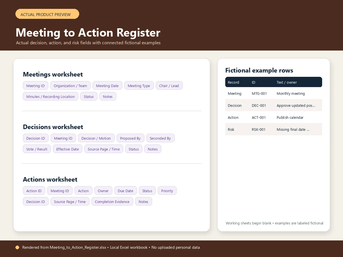 Actual product preview for Meeting to Action Register