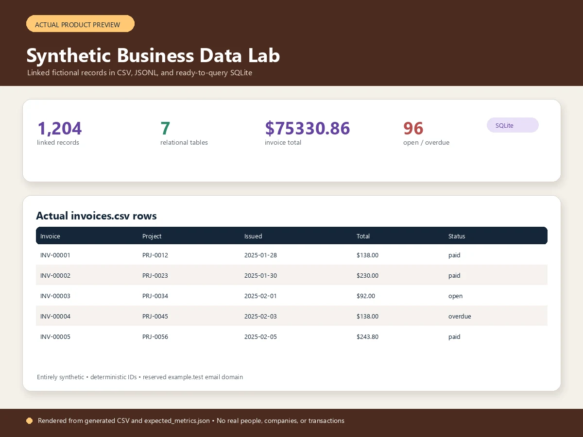 Actual product preview for Synthetic Business Data Lab